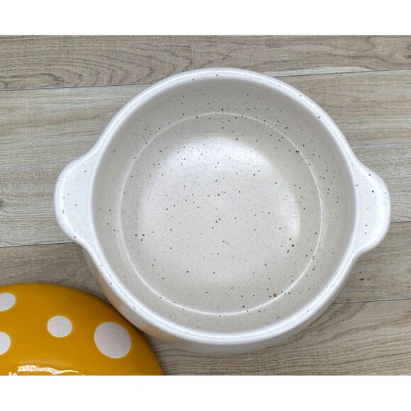 World Market Spotted Mushroom Lidded Soup Crock Gold Yellow Speckled Stoneware - Picture 6 of 14